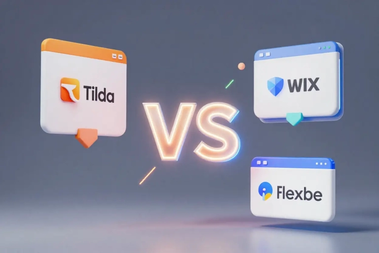 Технологичный баннер со знаком «VS» и элементами платформ Tilda, Wix и Flexbe для статьи о выборе конструктора сайтов.