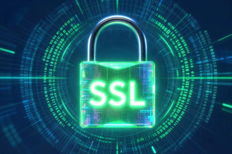 Голографический защитный замок с неоновой надписью SSL в центре на фоне цифровой сетки кода, символизирующий безопасность сайта.